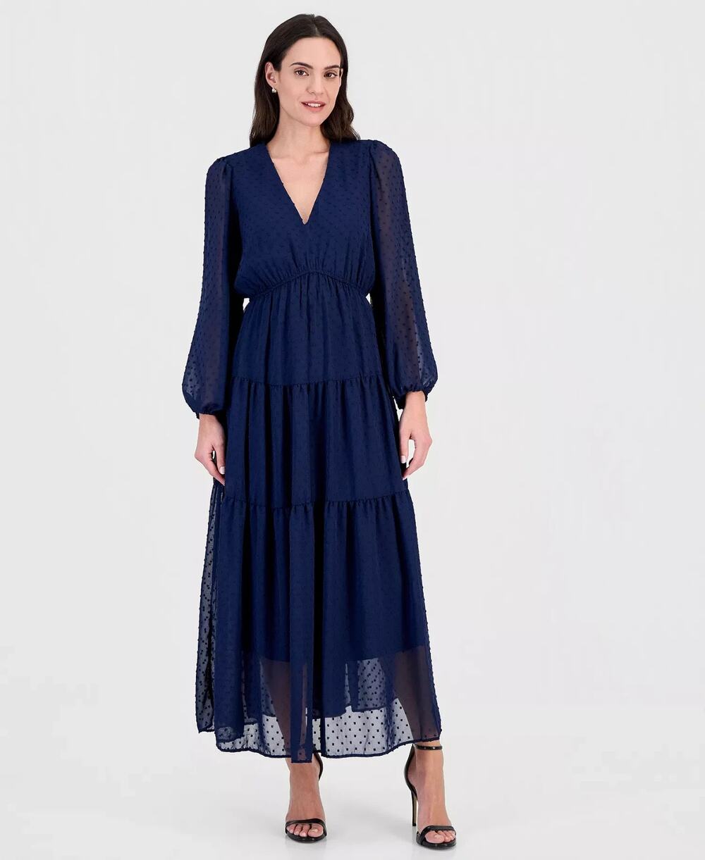 Robbie Bee Women's Long-Sleeve V-Neck Tiered Maxi Dress Blue Size 12 2113